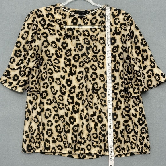 Y2K Animal Print Womens Top M Derona Surplice Beige Leopard Ruffle Classic Mob - Picture 10 of 13